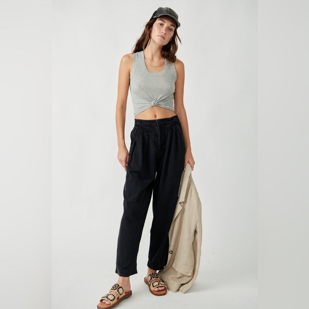 Free People Lotta Love Linen Trouser Tapered Balloon Wide Leg Pants Black sz 0